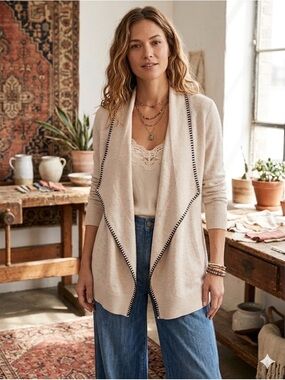 Open Drape Cardigan with Contrast Trim - Cream